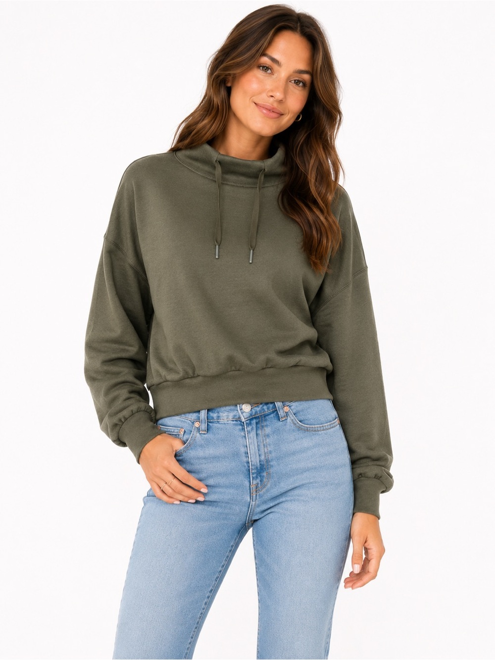 STYLUS Olive Funnel Neck Drawstring Pullover